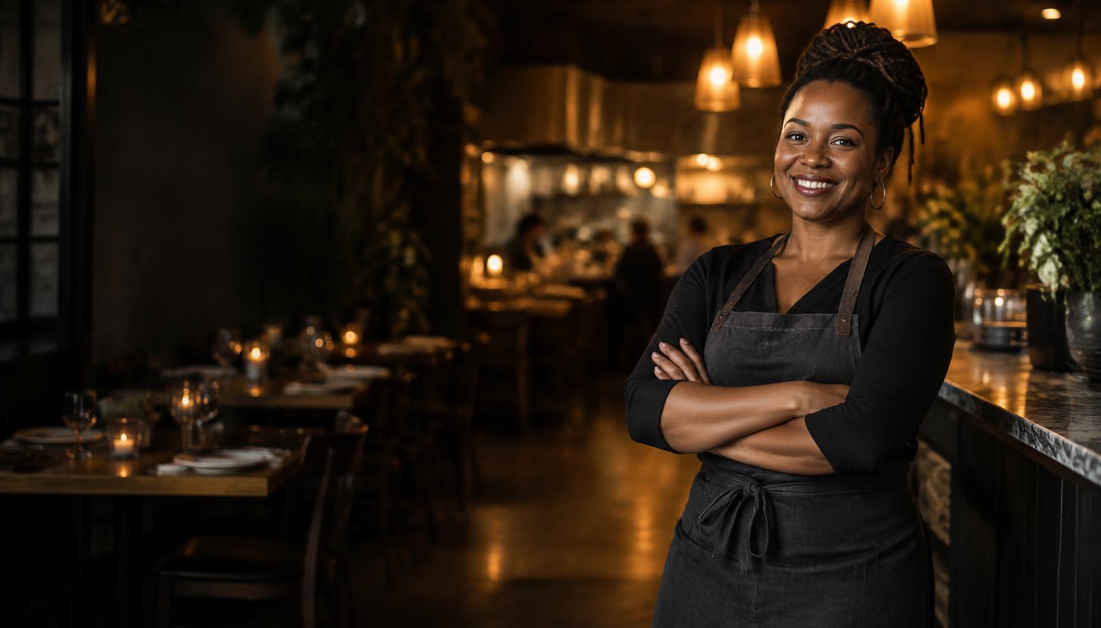 Illustrative scene of a Black restaurant owner in her dining room